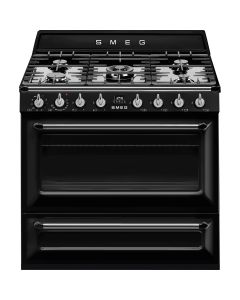 TR90BL2 Cocina Victoria, color negro, 90 cm, encimera de gas con 5 zonas de cocción, 1 hornos, 1 caj